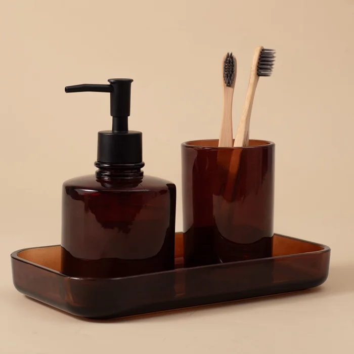 Kit Banheiro Retrô Âmbar 2 Peças Dispenser e Porta Escovas