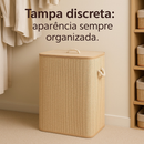 Cesto Bambu Dobrável Lyor 60l Tampa Roupa Suja Organizador Bege