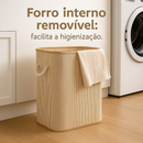 Cesto Bambu Dobrável Lyor 60l Tampa Roupa Suja Organizador Bege