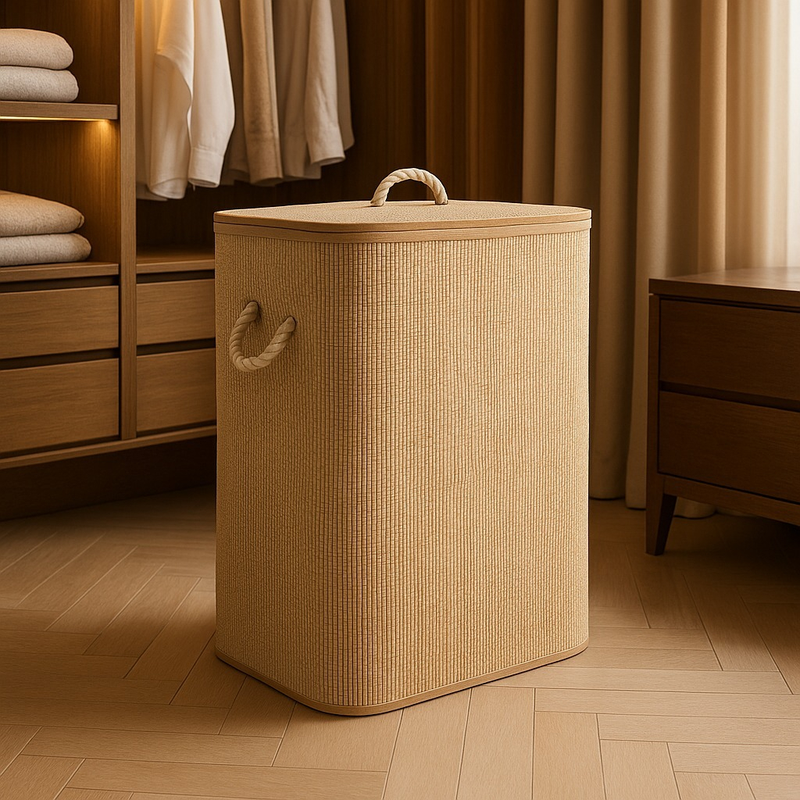Cesto Bambu Dobrável Lyor 60l Tampa Roupa Suja Organizador Bege