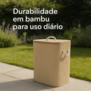 Cesto Bambu Dobrável Lyor 60l Tampa Roupa Suja Organizador Bege
