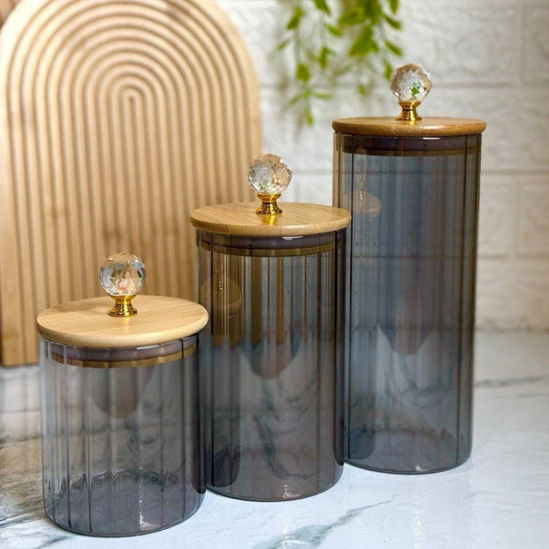 Conjunto de Potes de Vidro com Tampa de Bambu