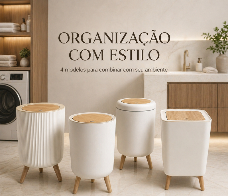 Lixeira De Plástico 9/8 Litros Branca Com Pés De Bambu Com Tampa Click De Pressão Cozinha Banheiro
