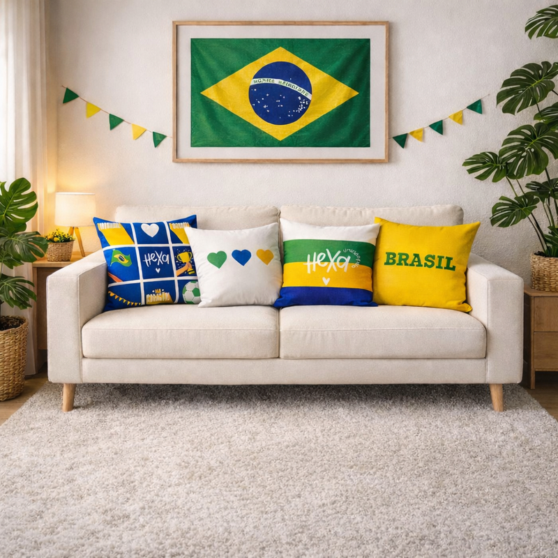 Kit 04 Capas para Almofadas Decorativa 45x45cm Estampa Digital Decoração Brasil Copa do Mundo